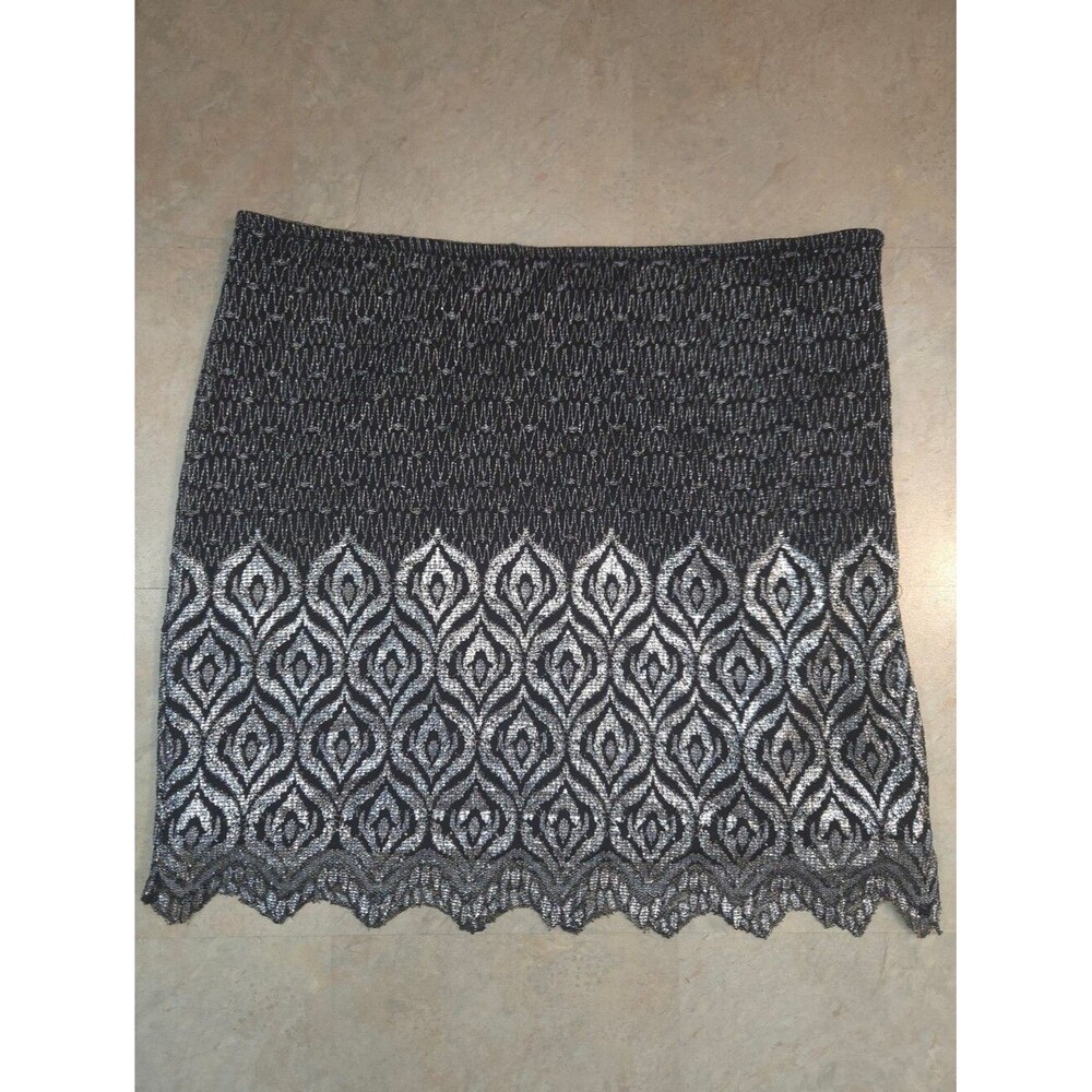 Free People Black And Silver Metallic Scalloped Lace Overlay Mini Skirt Size 6